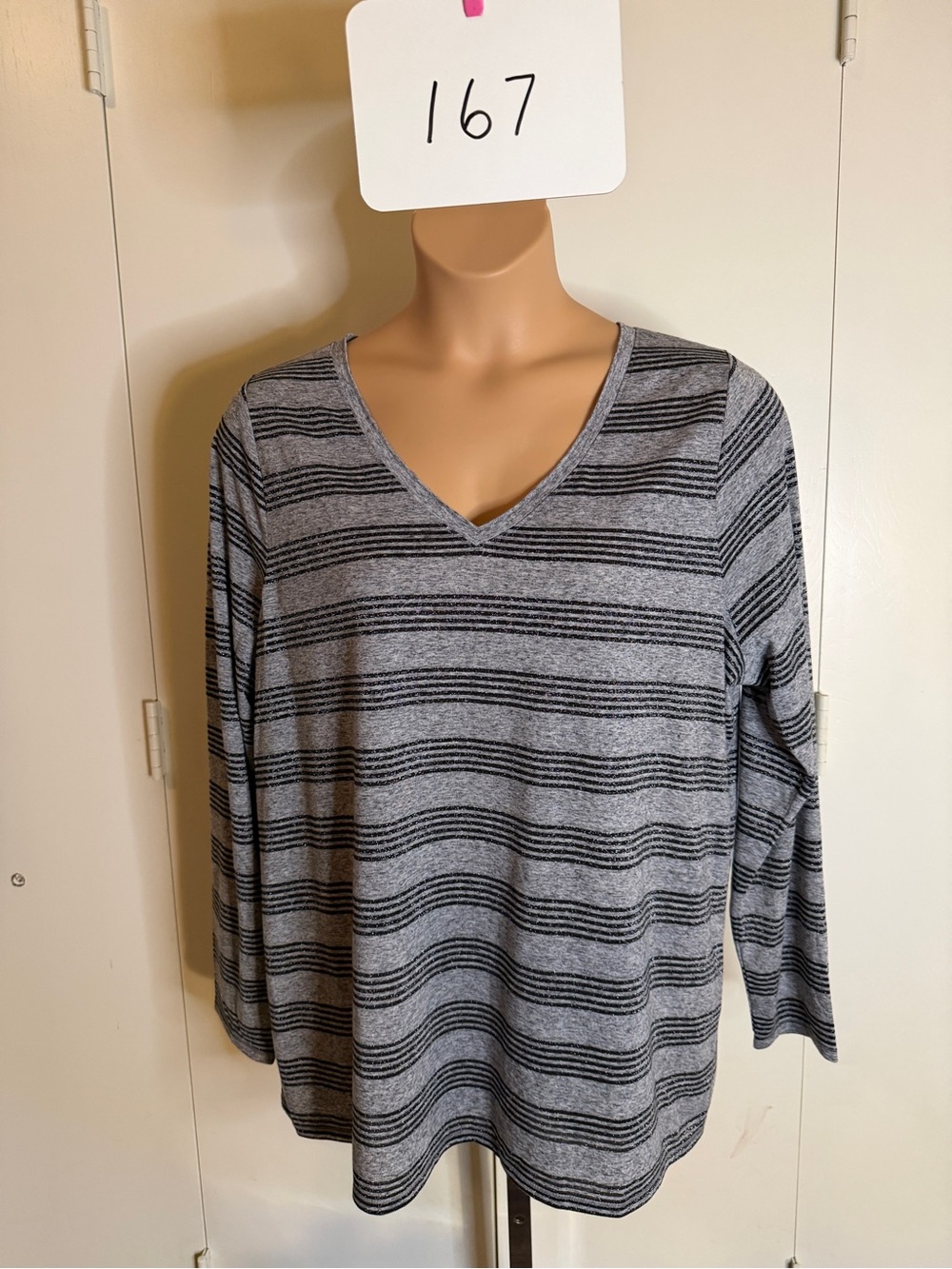 Lane Bryant Gray Striped V-Neck Long Sleeve Top